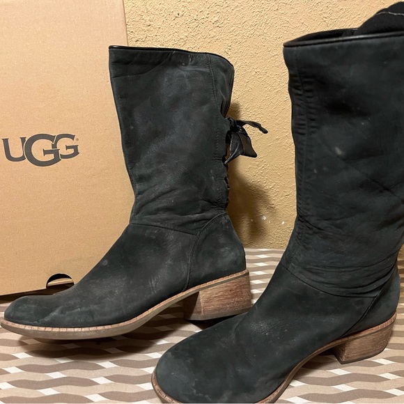 BLACK SUEDE UGG BOOTS w/ black leather ties up back. SIZE 8 - Picture 3 of 3